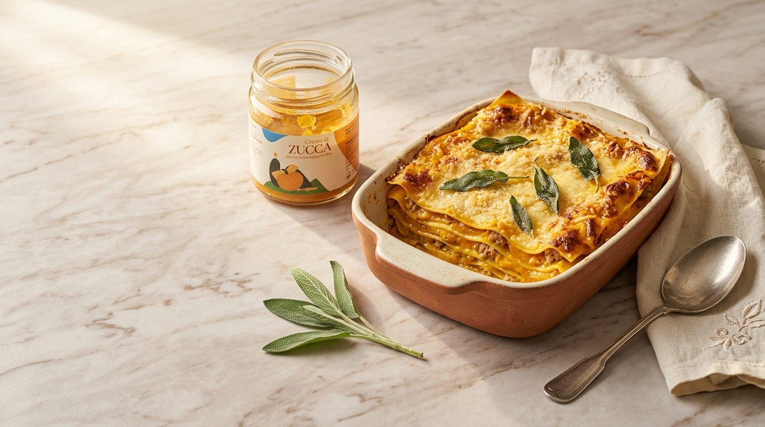 Lasagne con crema di zucca dorata in teglia ceramica
