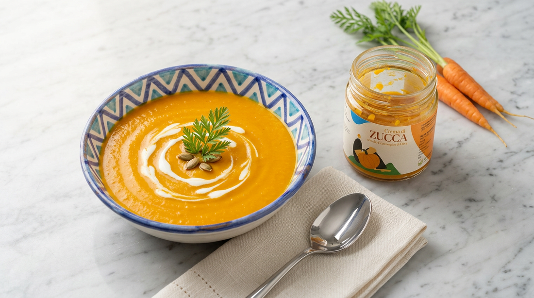 Crema di zucca e carote in ciotola Vietri