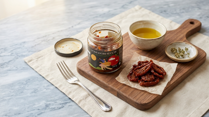 Pomodori secchi sott'olio EVO Minnelea, tagliere e usi