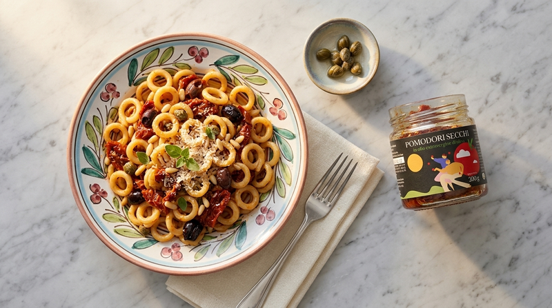 Pasta alla siciliana con pomodori secchi, capperi e olive