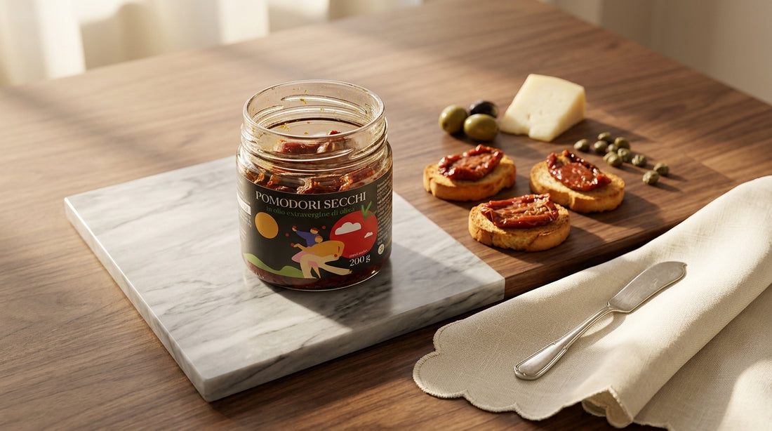 Antipasti italiani con pomodori secchi Minnelea su tagliere