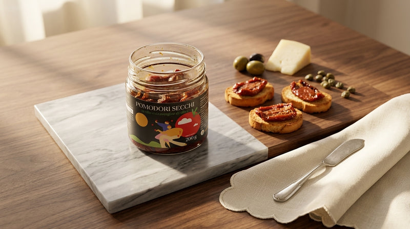 Antipasti italiani con pomodori secchi Minnelea su tagliere