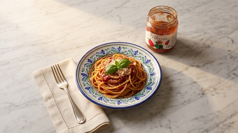 Spaghetti con sugo cilentano Minnelea e basilico