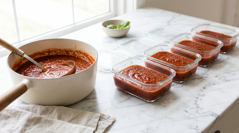 Rezept für Tomatensoße auf Vorrat: einmal kochen, fünfmal essen