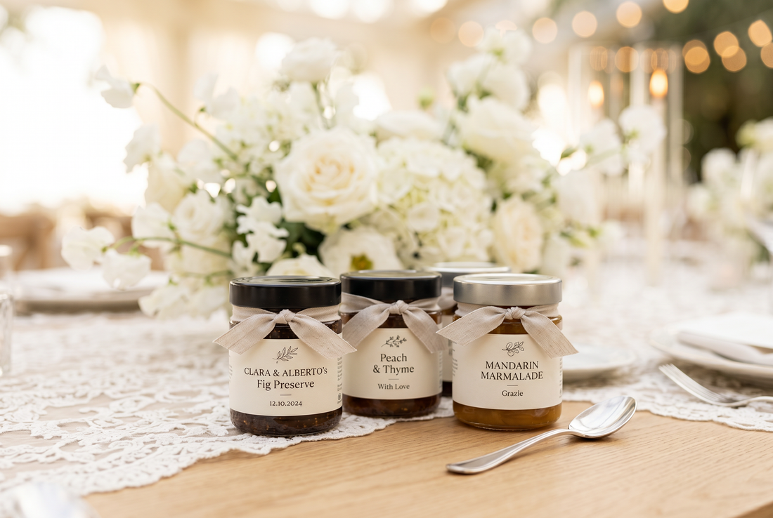 Vasetti di confettura artigianale Minnelea con etichetta personalizzata come bomboniere su tavolo da matrimonio