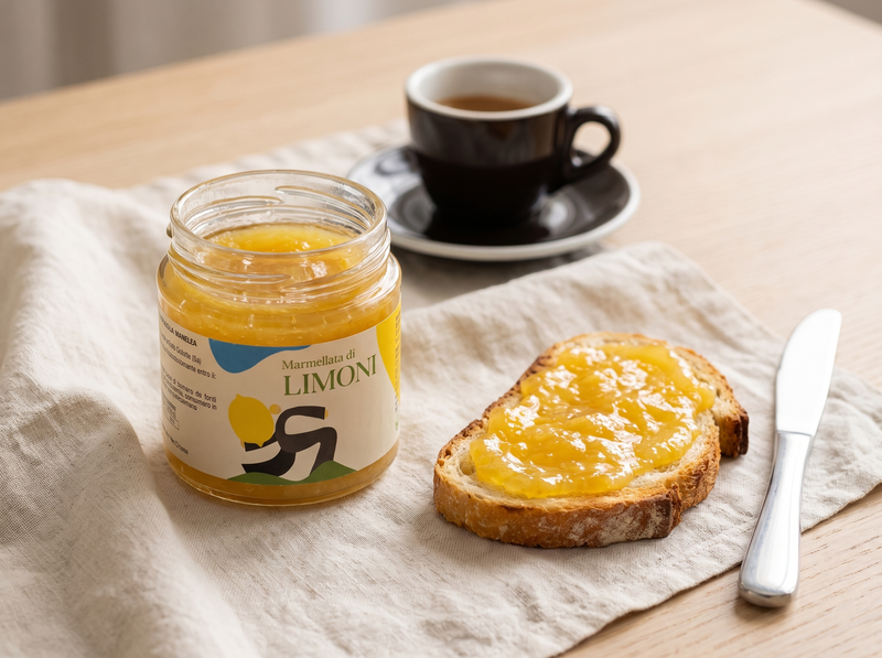 Marmellata di limoni Minnelea nel vasetto aperto a colazione