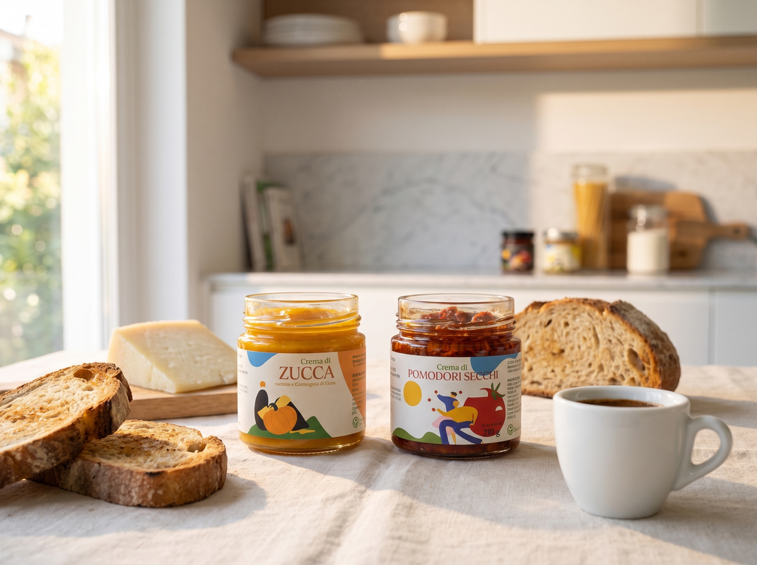 Tavola brunch italiana con vasetti Minnelea aperti, pane e caffe