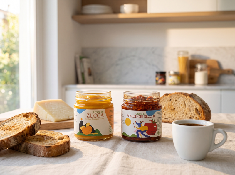 Tavola brunch italiana con vasetti Minnelea aperti, pane e caffe