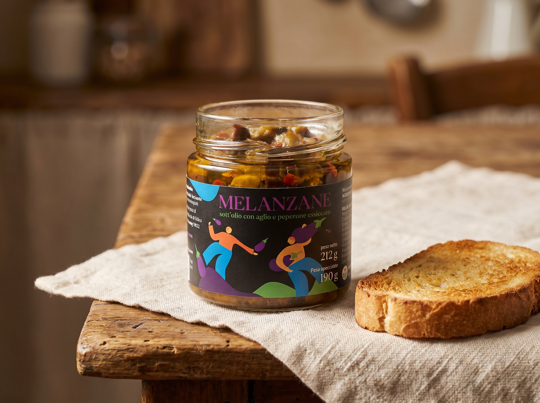 Melanzane sott'olio Minnelea su tavola da cucina tradizionale