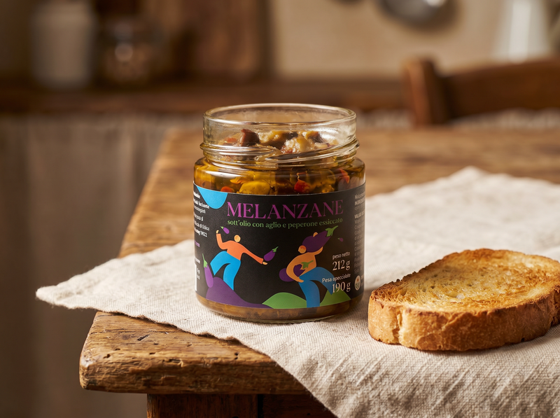 Melanzane sott'olio Minnelea su tavola da cucina tradizionale