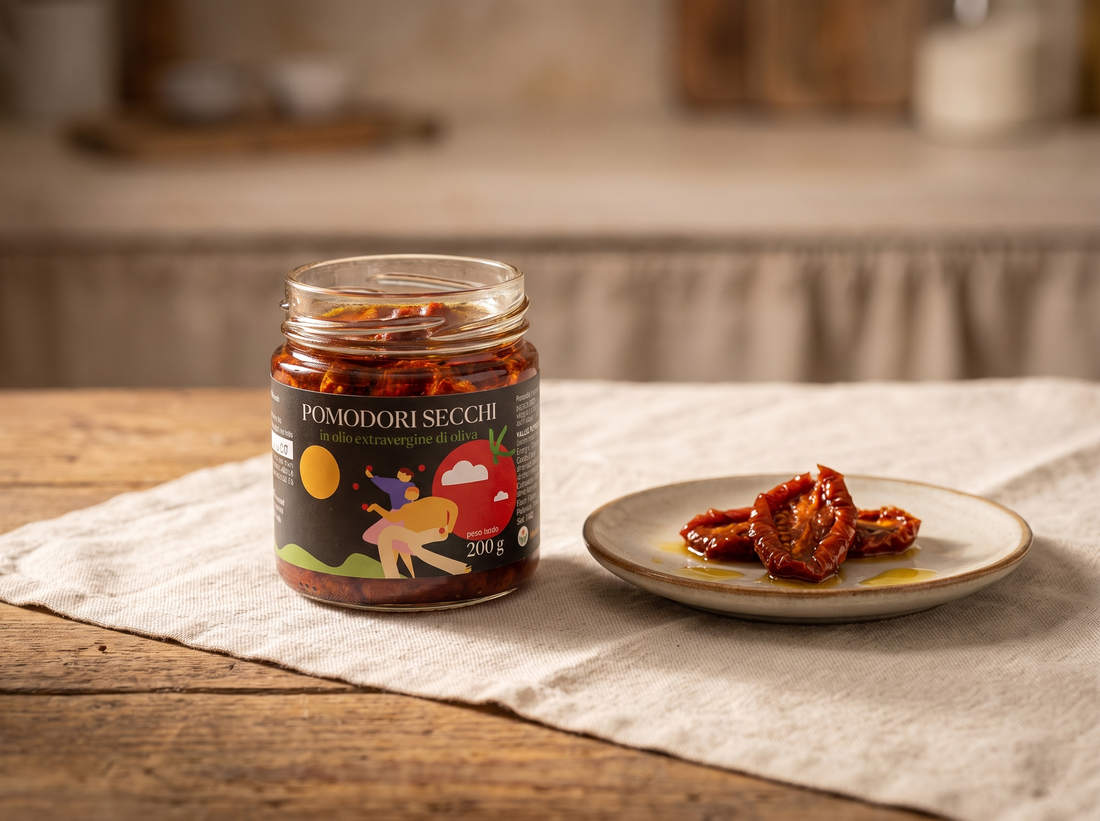 Pomodori secchi sott'olio Minnelea su tavola rustica