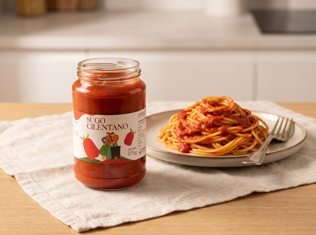 Minnelea Sugo Cilentano im offenen Glas mit Spaghetti