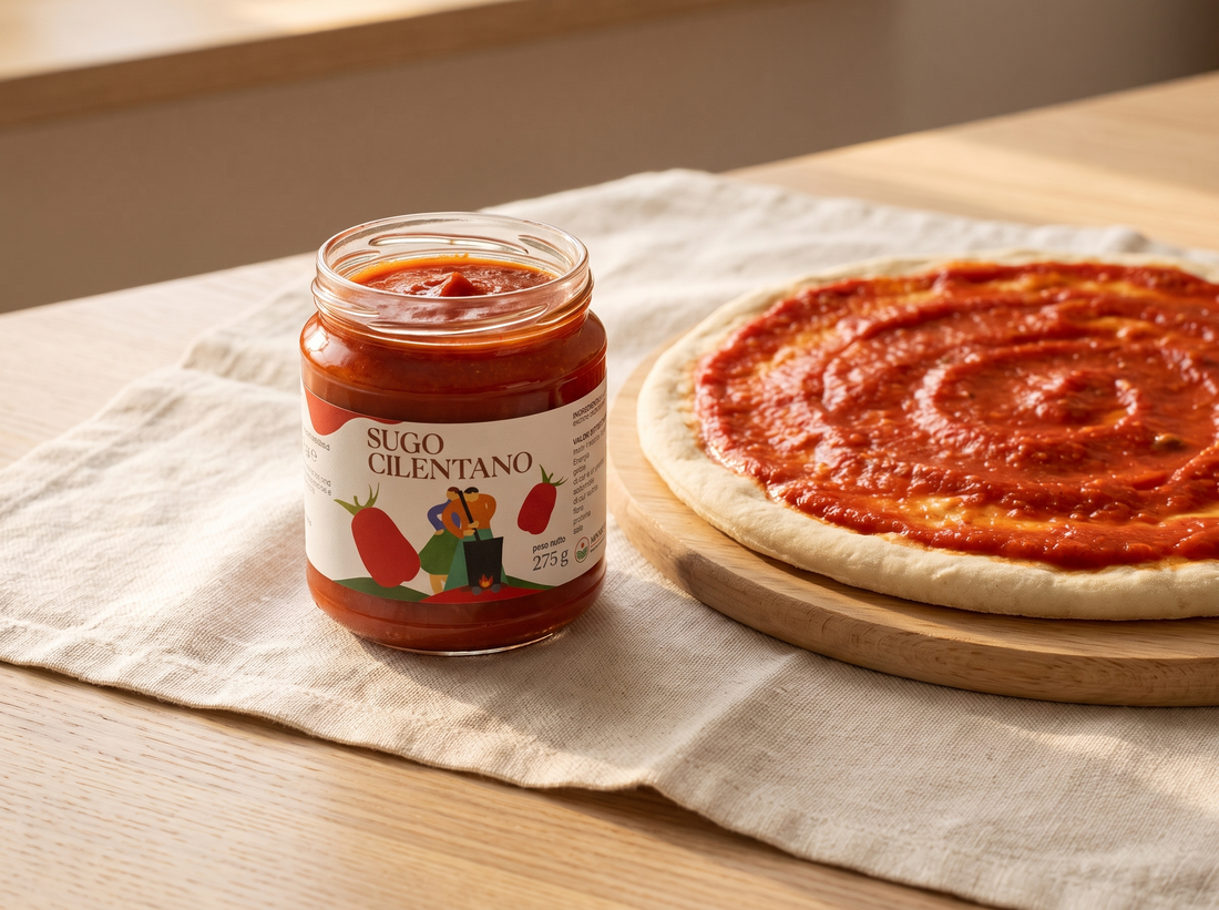 Minnelea Sugo Cilentano im offenen Glas mit Pizzateig