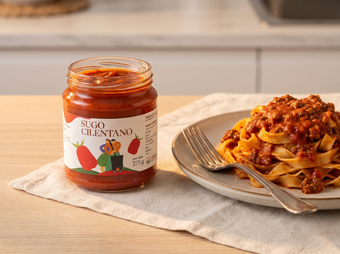 Minnelea Sugo Cilentano im offenen Glas mit Tagliatelle
