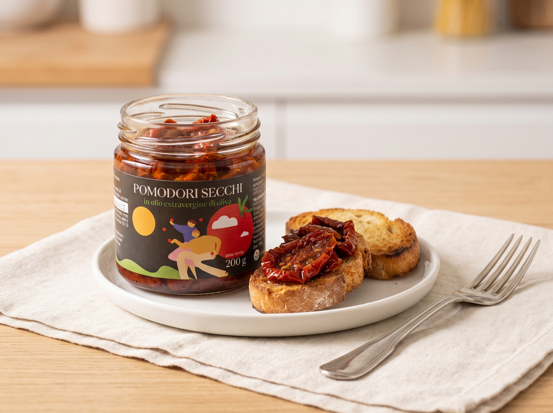 Minnelea getrocknete Tomaten im offenen Glas mit Bruschetta