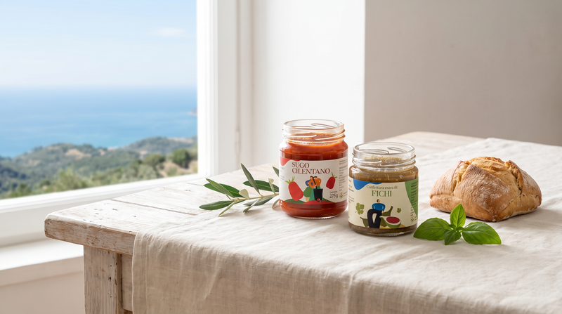Vasetti Minnelea di sugo cilentano e confettura di fichi su tavolo con vista sulle colline del Cilento