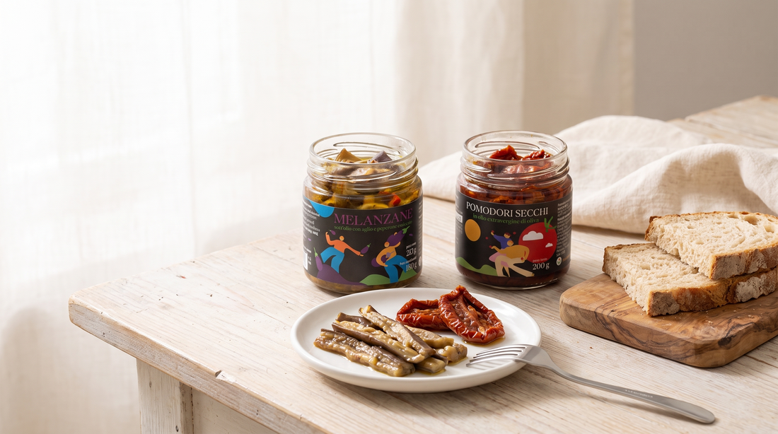 Antipasto cilentano con melanzane e pomodori secchi sott'olio Minnelea