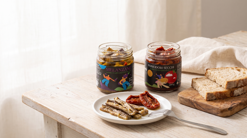 Antipasto cilentano con melanzane e pomodori secchi sott'olio Minnelea