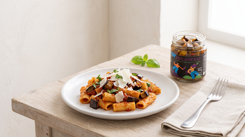 Pasta alla Norma mit eingelegten Auberginen und Minnelea Melanzane-Glas