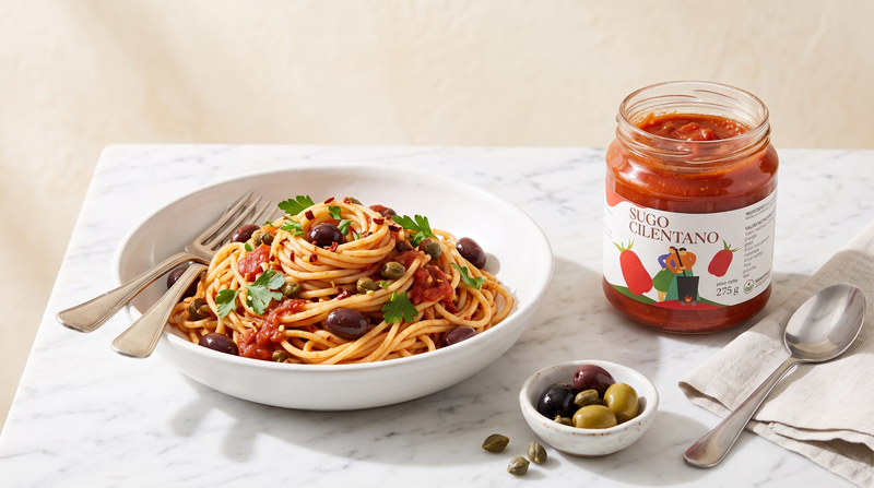 Spaghetti alla Puttanesca mit Minnelea Sugo Cilentano im Glas