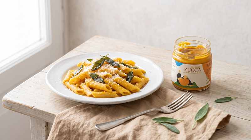 Cremige Kürbis-Pasta mit Minnelea Kürbiscreme im Glas