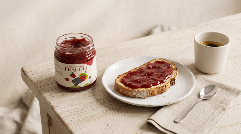 Erdbeermarmelade auf Brot mit offenem Minnelea Glas Confettura di Fragole