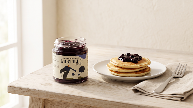 Heidelbeermarmelade im offenen Minnelea Glas mit Pancakes