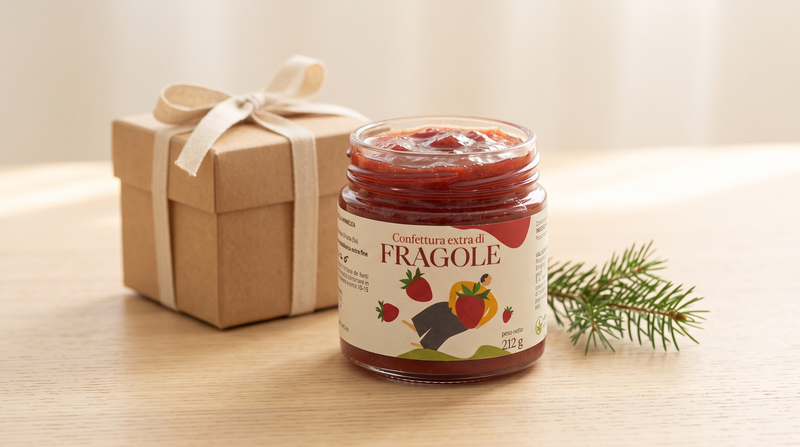 Weihnachtsmarmelade — offenes Minnelea Glas mit Geschenkbox und Tannenzweig