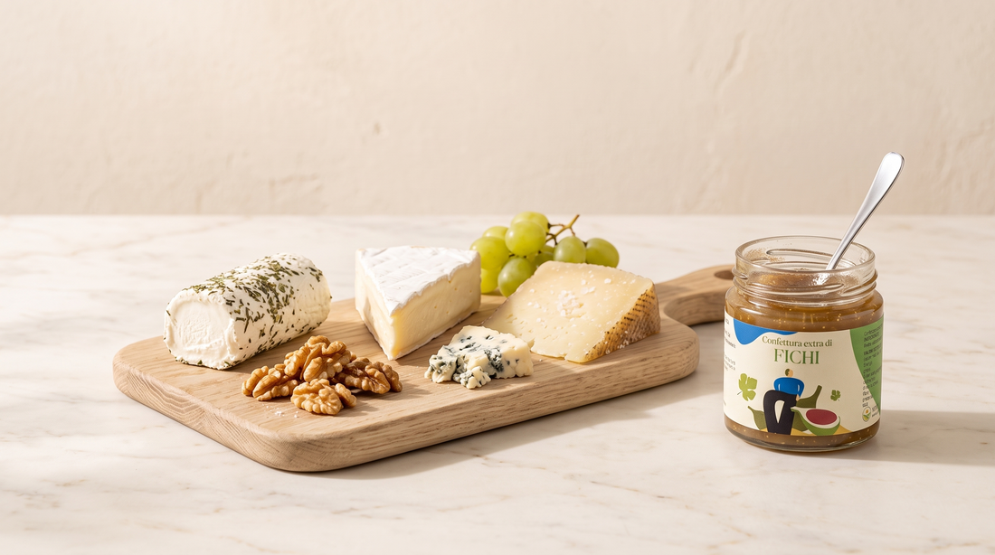 Käseplatte anrichten mit offenem Minnelea Feigenkonfitüre-Glas