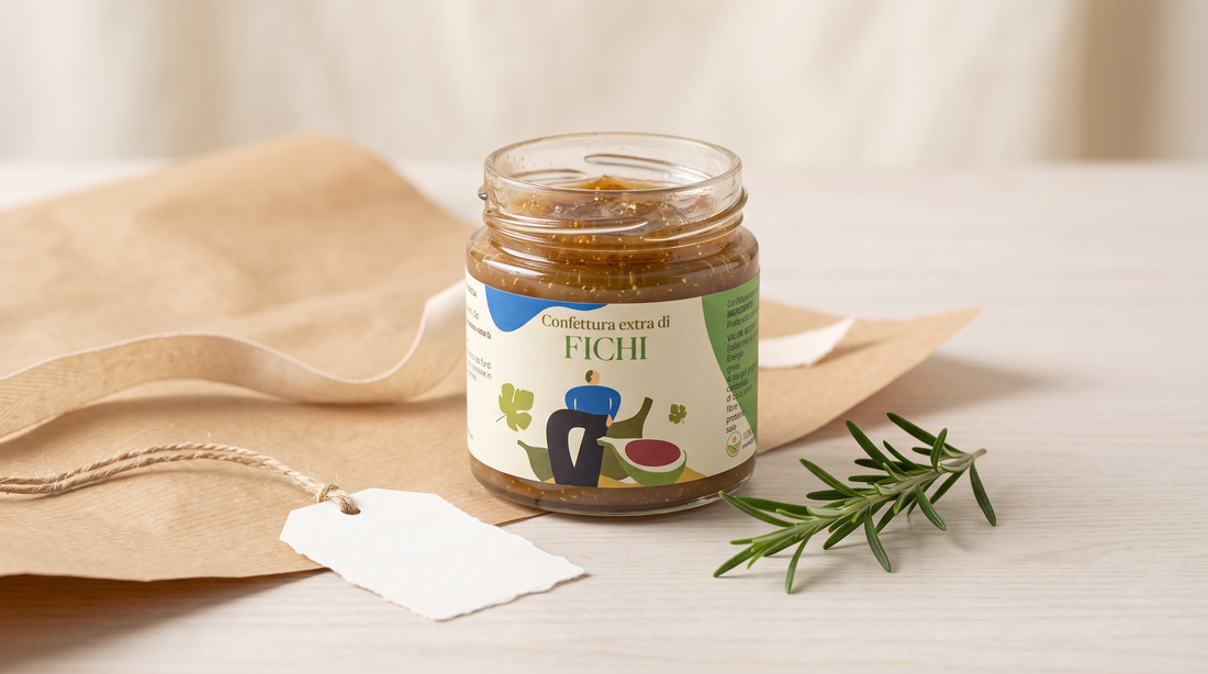 Geschenke aus der Küche — offenes Minnelea Feigenkonfitüre-Glas mit Kraftpapier und Geschenkanhänger