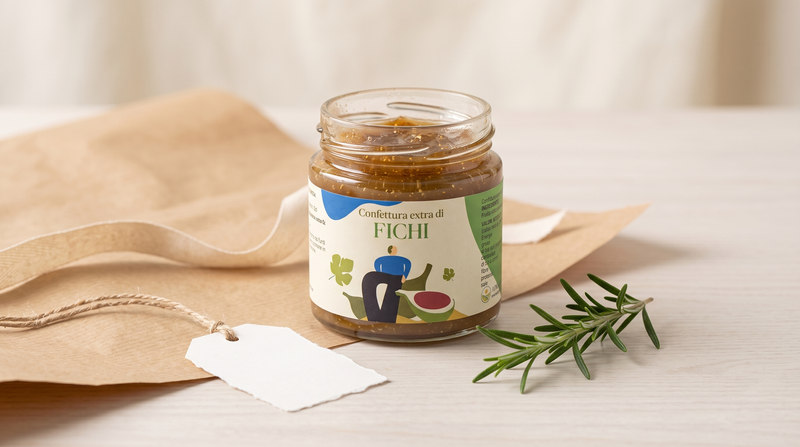 Geschenke aus der Küche — offenes Minnelea Feigenkonfitüre-Glas mit Kraftpapier und Geschenkanhänger