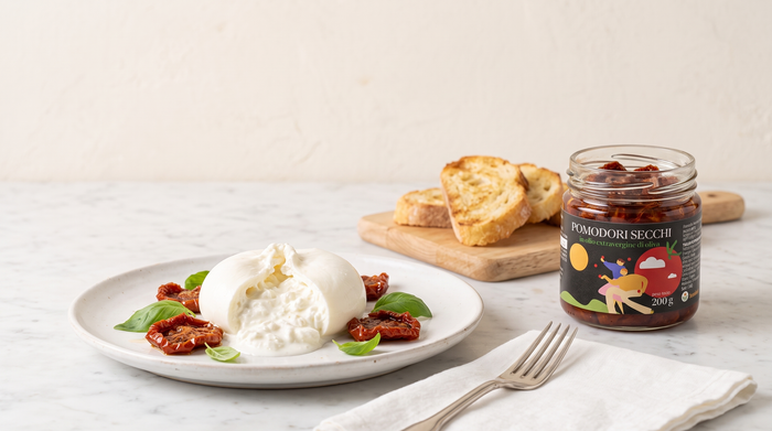 Burrata mit getrockneten Tomaten und Basilikum auf einem Teller, dahinter geröstete Brotscheiben auf einem Holzbrett und ein Glas getrocknete Tomaten in Olivenöl