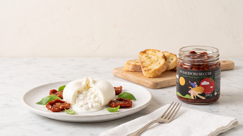 Burrata mit getrockneten Tomaten und offenem Minnelea Glas