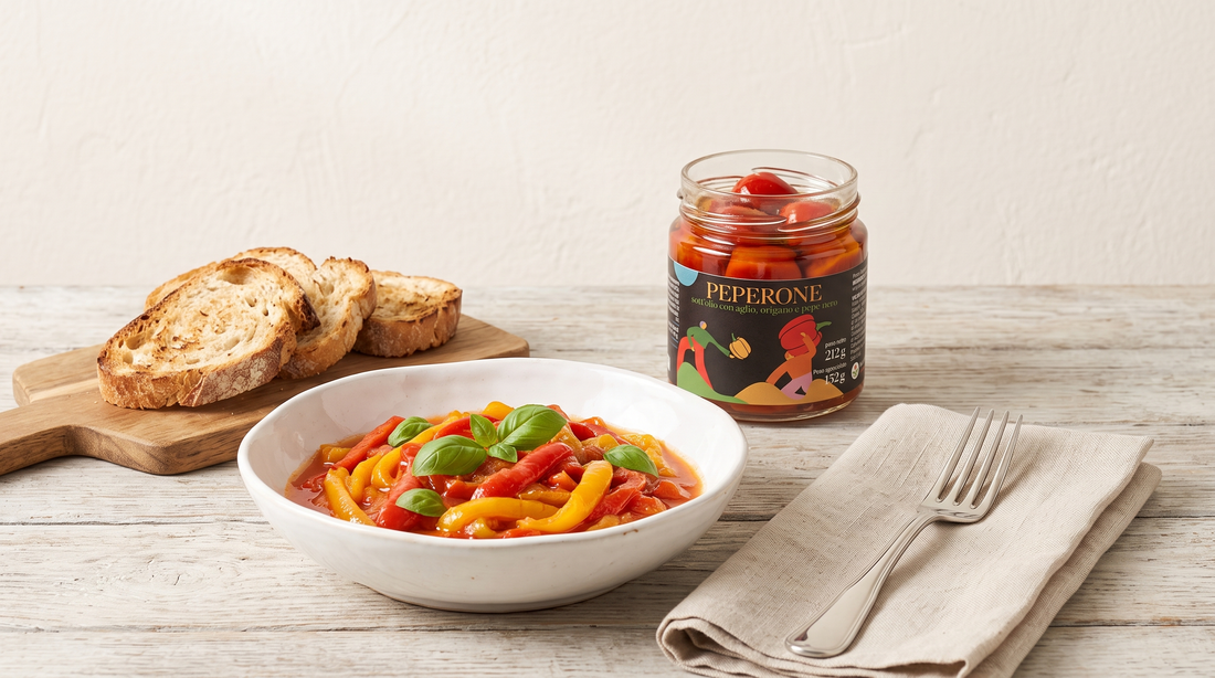 Peperonata im Teller mit offenem Minnelea Peperoni-Glas und Brot