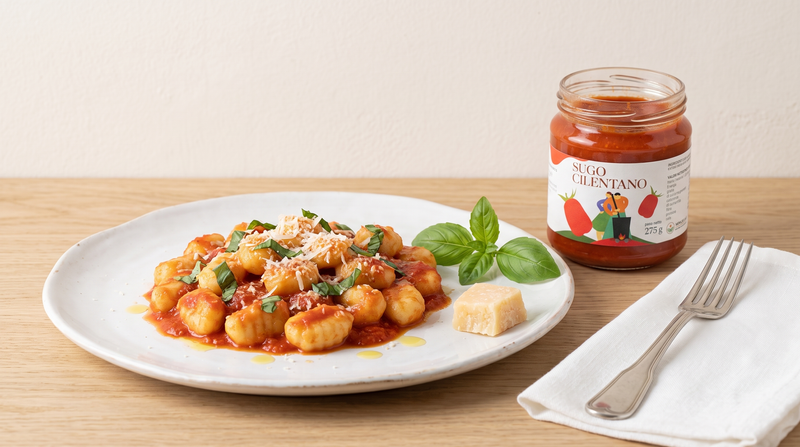 Gnocchi in Tomatensauce mit offenem Minnelea Sugo Cilentano-Glas