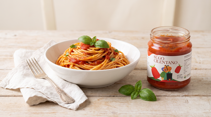 Spaghetti sauce tomate avec pot Sugo Cilentano Minnelea ouvert