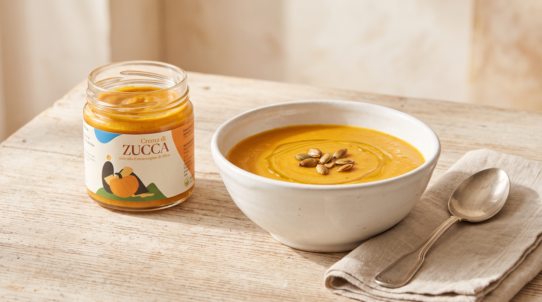 Velouté de potiron avec pot de crème de courge Minnelea ouvert