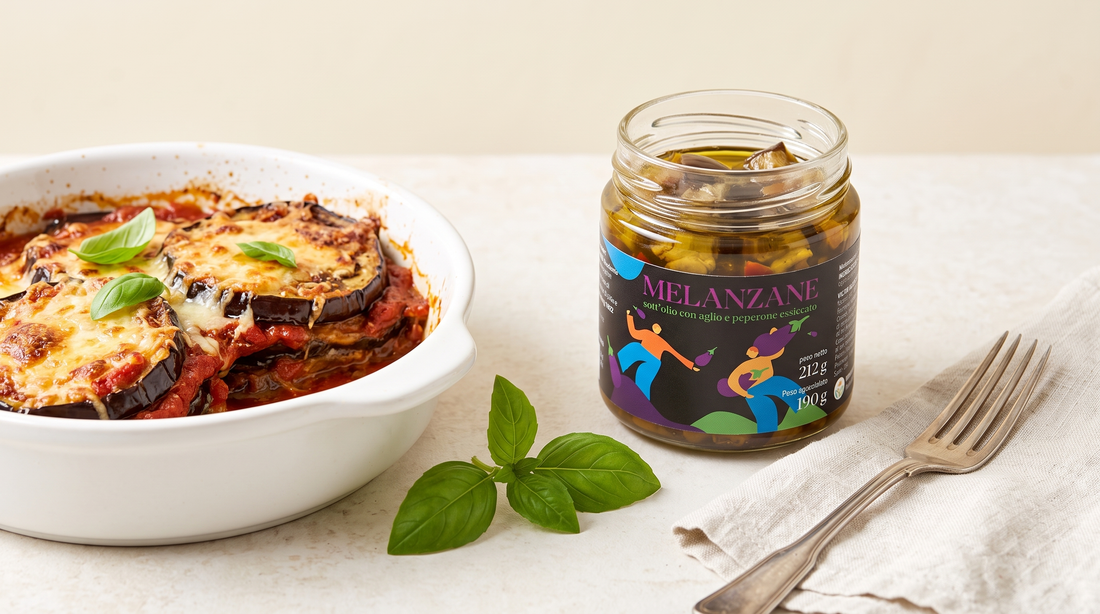 Aubergines à la parmigiana avec pot de melanzane Minnelea ouvert