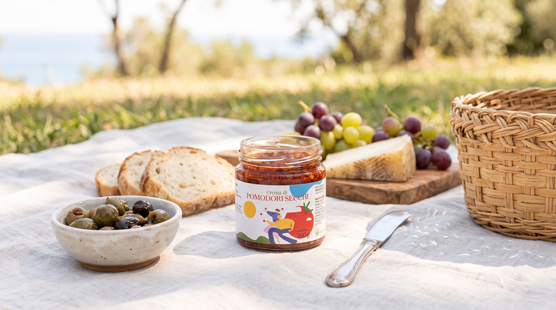 Pique-nique à l'italienne avec panier et pot Minnelea ouvert