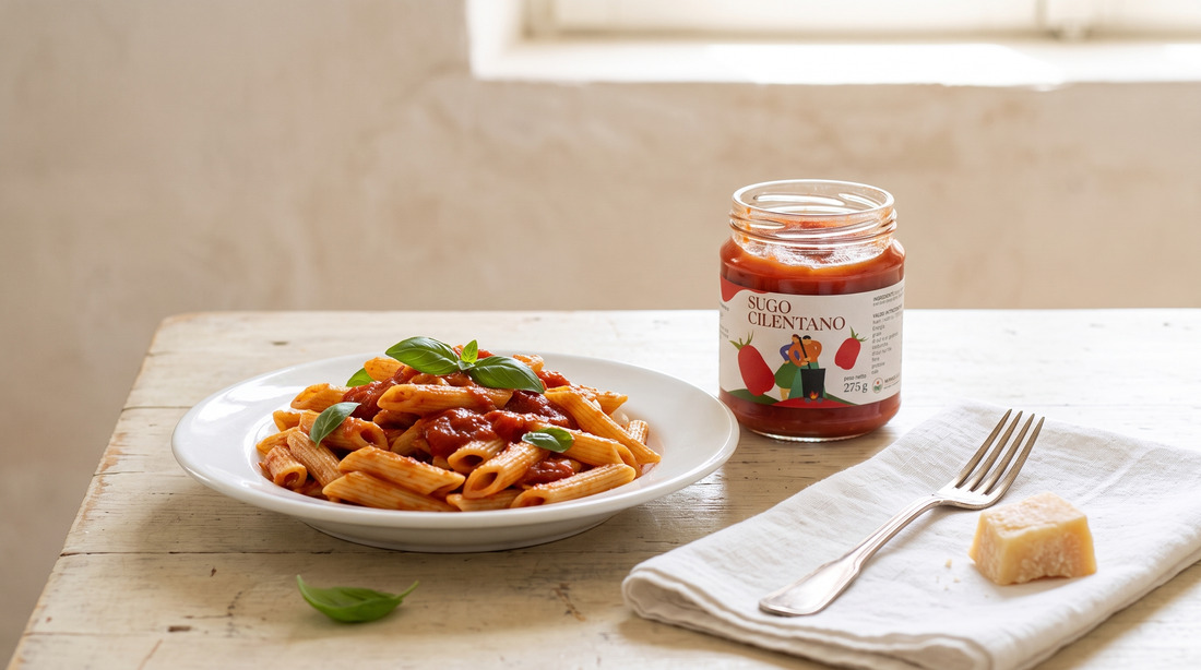 Pâtes penne sauce tomate avec pot Sugo Cilentano Minnelea ouvert