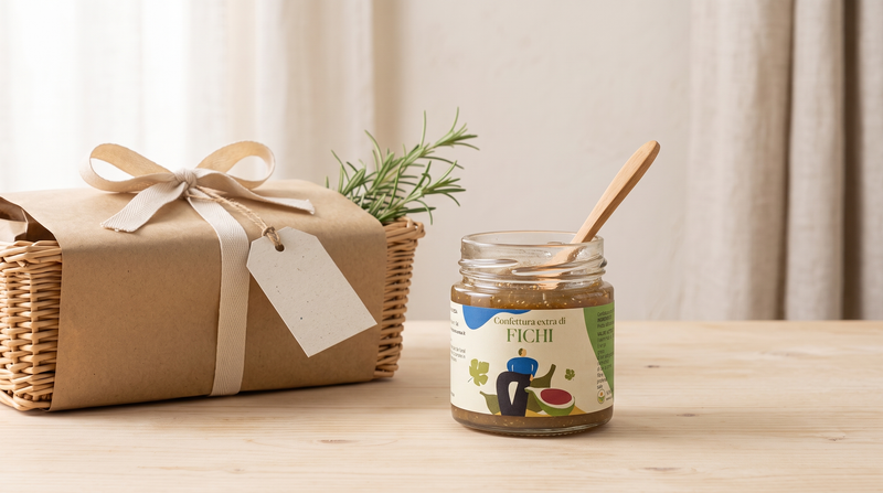 Italienischer Präsentkorb mit offenem Minnelea Feigenkonfitüre-Glas und Geschenkkorb