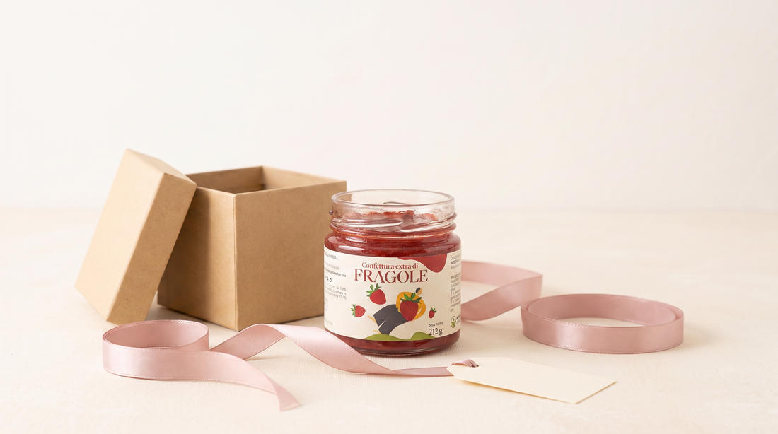 Vasetto aperto di confettura extra di fragole Minnelea accanto a una scatola regalo in cartone, nastro di raso e cartellino: bomboniera gastronomica