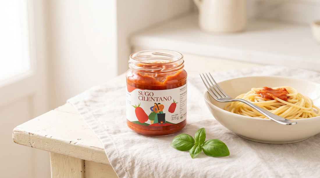 Vasetto aperto di Sugo Cilentano Minnelea accanto a una ciotola di spaghetti conditi e a un rametto di basilico
