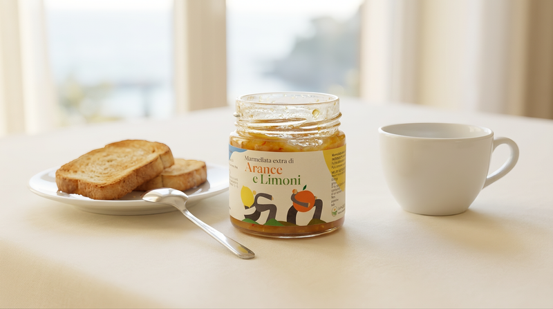 Vasetto aperto di marmellata extra di arance e limoni Minnelea su un tavolo da colazione d'albergo, con pane tostato e tazza da caffè