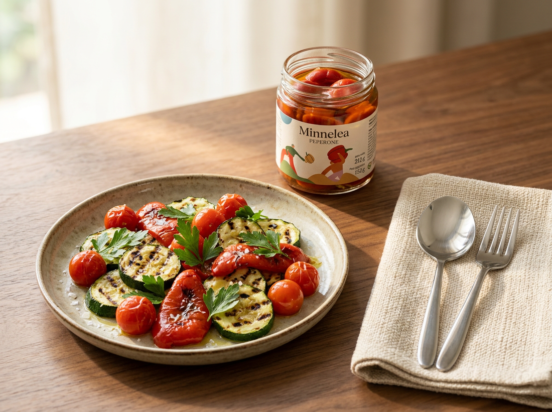 Salate zum Grillen mit eingelegtem Gemüse in Olivenöl — Minnelea