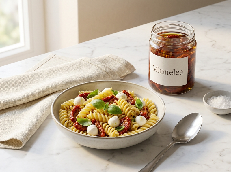 Nudelsalat ohne Mayonnaise mit getrockneten Tomaten in Olivenöl — Minnelea