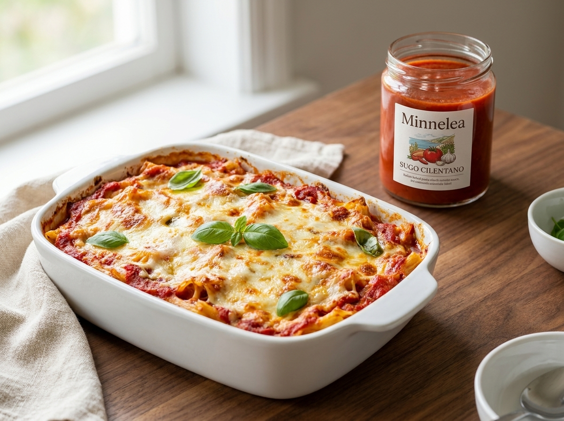 Nudelauflauf mit Tomatensauce und Käsekruste — Minnelea