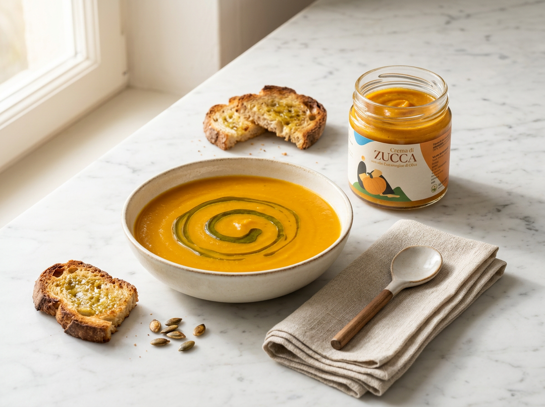 Kürbissuppe mit Olivenöl und Kürbiscreme im Glas — Minnelea