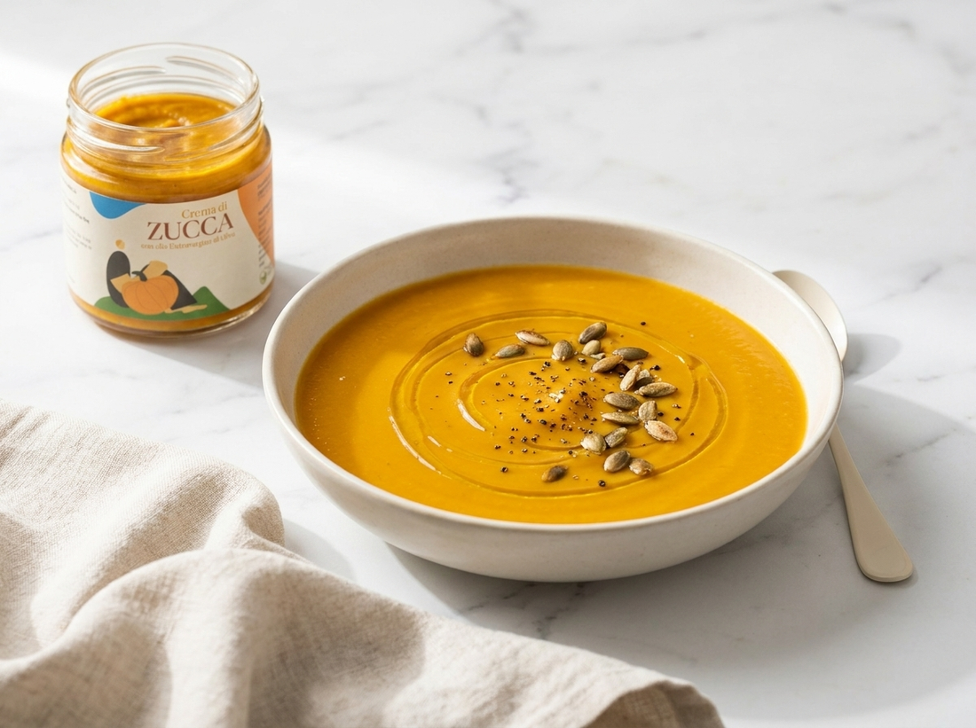 Vellutata di zucca cremosa con semi tostati e olio extravergine