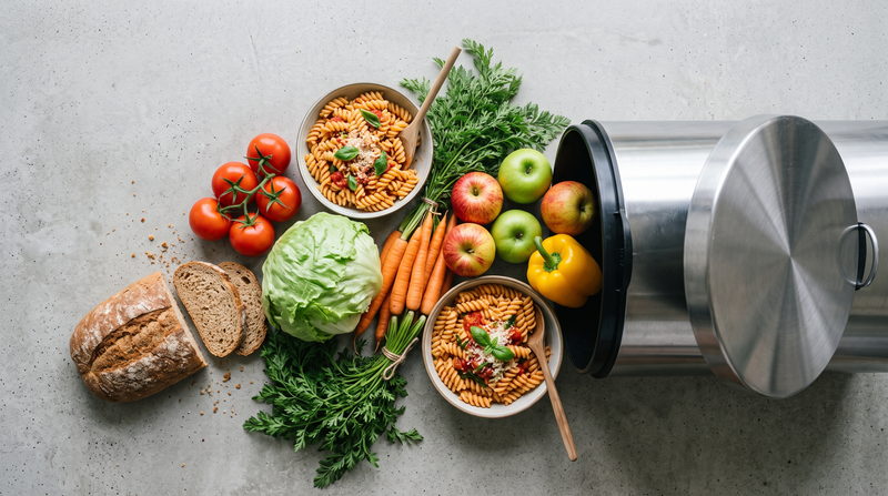 Spreco alimentare: pane, pomodori, insalata e pasta ancora buoni accanto a un bidone aperto